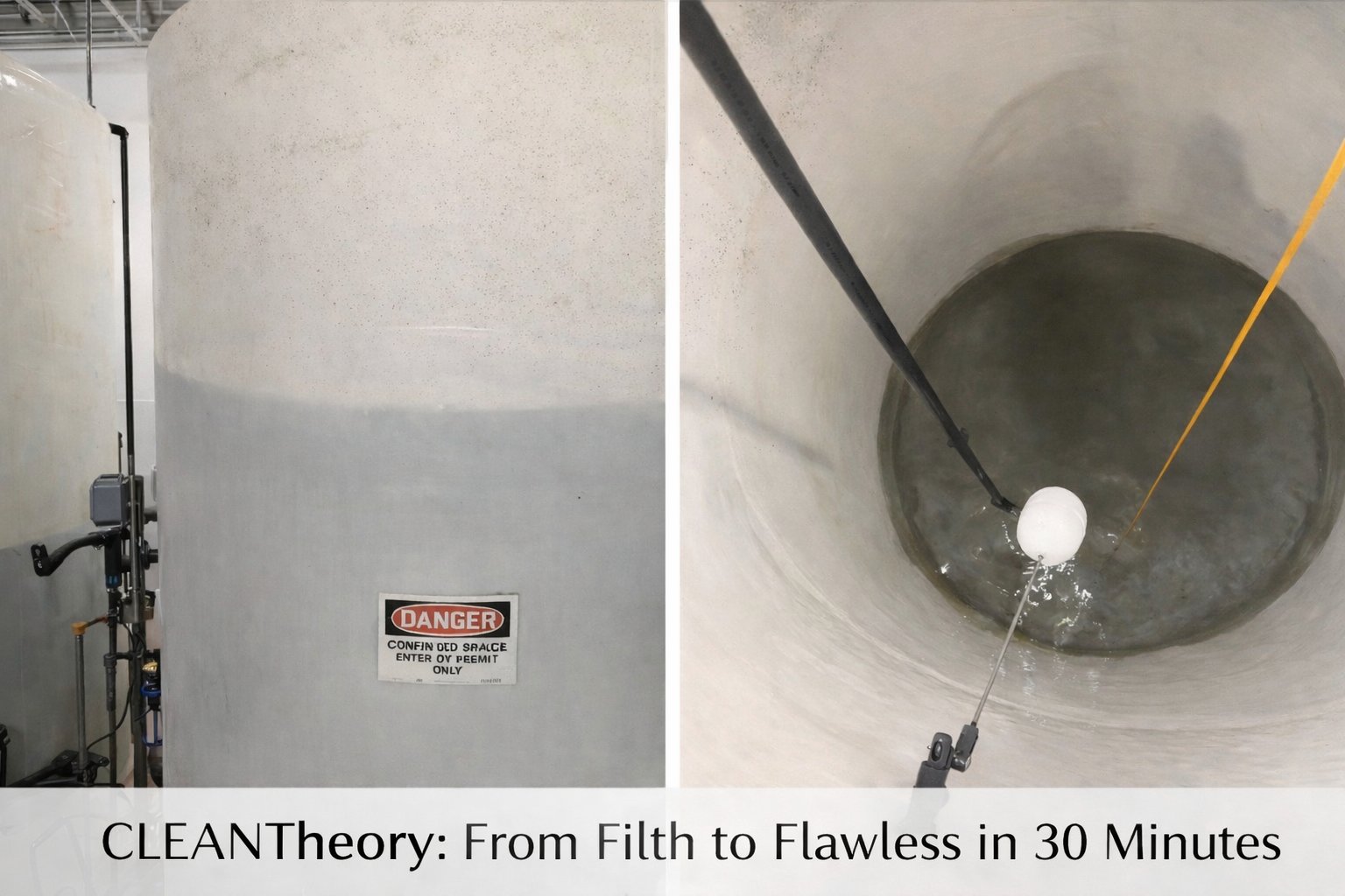 Before and after CLEANTheory tank treatment — biofilm-coated reservoir wall on the left, flawless interior on the right after 30 minutes